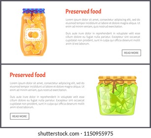 Preserved food in jars web Internet banners set. Ripe orange and lime slices canned product online pages, fruit with juice, vector illustrations.