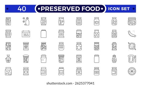 Preserved food outline icons. Fast food vector icon line set. Burger sandwich pizza hot dog cola coffee sweets.
