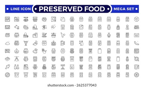 Preserved food outline icons. Fast food vector icon line set. Burger sandwich pizza hot dog cola coffee sweets.
