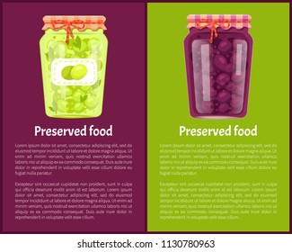 Preserved food poster canned plums and green olives in glass jars with label. Home cooking fruit conservation vector illustration isolated, text sample