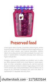 Preserved food poster canned plums in glass jar with lid decorated by bow and scrap label. Home cooking fruit conservation vector illustration isolated.