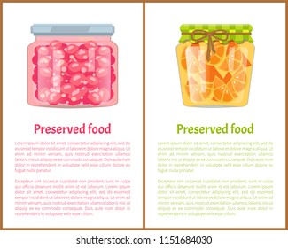 Preserved food poster currant berry jam and conserved orange citrus fruit in unlabeled caddy. Glass jar home cooked preservation vector, text sample
