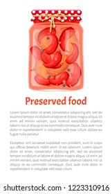 Preserved food poster home cooked pickled red pepper in glass jar decorated in rustic style. Conserved chilli vector illustration isolated, text sample