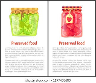 Preserved food poster lime or lemon and strawberries home cooked jam or marmalade in small glass jars. Citrus confiture in decorative container vector