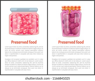 Preserved food posters set with text sample and jars filled with jam and conserved sweet plums. Dessert in glass container with sugar addition vector