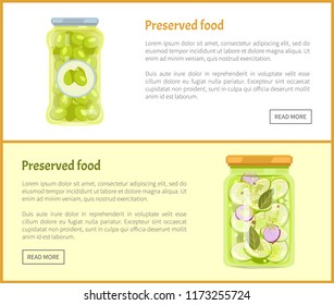 Preserved food posters set with text canned jars with vegetables. Pickled olives with sticker on bottle. Zucchini with onion slices and leaves vector