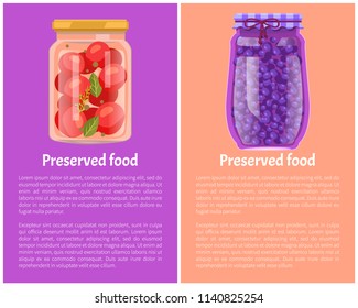 Preserved food posters tomatoes and blueberries or blackberries in unlabeled glass jars. Fruits and vegetables preservation vector conserved snacks