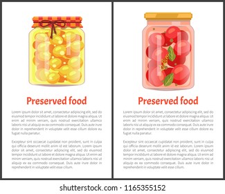 Preserved food posterss, fruit or vegetable. Spicy tomatoes with bay leaf and ripe juicy apricots in jars on promo banners vector illustrations set.