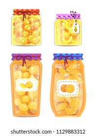 Preserved fruit in glass jars set vector illustration. Peach and orange, pineapple and apricot jam and marmalade, container food isolated on white