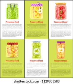 Preserved fruit and vegetables set vector illustration. Pineapple and peach, apricot and olive, tomato and peas in glass jars, container food poster