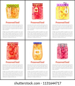 Preserved fruit and vegetables set vector illustration. Strawberry and cherry, pineapple and orange, citrus jam, pickled pepper in glass jars poster
