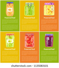 Preserved fruit and vegetables set vector illustration. Pineapple and orange, plum and pepper, olive and peas in glass jars, container food poster