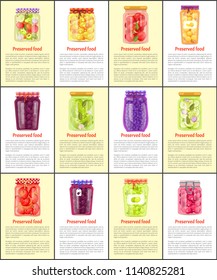 Preserved fruit and vegetables set vector illustration. Cucumber and tomato, olive and salad, pepper and peach, apricot and berry jam in glass jars