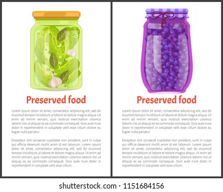 Preserved fruit and vegetables set vector illustration. Sweet blueberry marmalade and pickled cucumber with spice in glass jars, container food poster