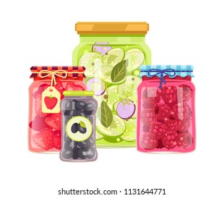 Preserved fruit and vegetables vector illustration. Strawberry and raspberry, pickled black olive and salad in covered glass jars, container food icon