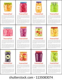 Preserved fruit and vegetables vector illustration. Raspberry and citrus, berry jam and peas, cucumber and tomato, olive and salad in glass jars