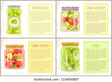 Preserved green olives, canned tomatoes and vegetables, pickles glasses and text sample. Vector natural veggie canned foodstuff flat jars.