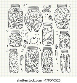 Preserved hand-drawn vector vegetables in jars isolated on graph paper