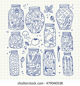 Preserved hand-drawn vector vegetables in jars isolated on graph paper