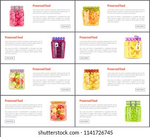 Preserved healthy food in jars web banners set. Homemade conserved fruits, vegetables and berries Internet promo pages with text vector illustrations.