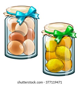 Preserved in the jar of eggs and lemons. Vector.