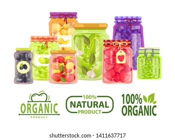 Preserved meal in jars vector, natural and organic products in pot, conservation of meal, strawberries and olives, peas and tomato, cucumber and onion