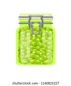 Preserved pea in unlabeled glass jar with metal clip cap. Green pickled legume homemade conservation vector illustration in cartoon style isolated.