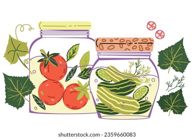 Preserved pickled homemade vegetables in jars, flat vector illustration isolated on white background. Pickled cucumbers and tomato for harvest storage and food preserves concept.