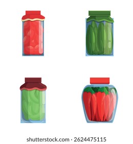 Preserved product icons set cartoon vector. Glass jar with preserved food. Food concept