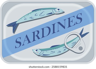 Preserved tin can sardines. Aesthetic vector illustration on transparent background. Canned fish artwork. Seafood packaging poster template. Restaurant, cafe, or kitchen wall decor.