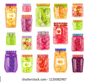 Preserved vegetables and fruits in containers set. Jars with pickled cucumbers and tomatoes. Plum peach and blueberry conservation isolated vector