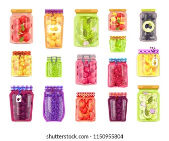 Preserved vegetables and fruits in containers set. Jars with pickled cucumbers and tomatoes. Plum peach and blueberry conservation isolated vector