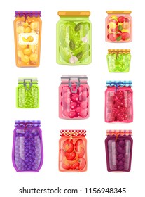 Preserved vegetables and fruits in containers set. Jars with pickled cucumbers and tomatoes. Plum peach and blueberry conservation isolated vector