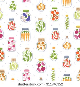 Preserved vegetables in jars seamless pattern