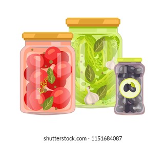 Preserved vegetables vector illustration. Pickled cucumber, tomato and black olive in brine with spice in covered glass jars, container food icon