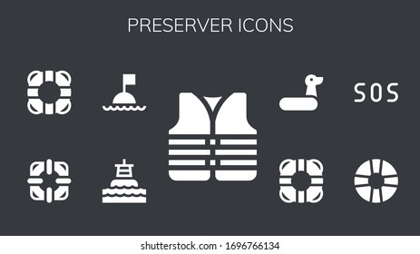 preserver icon set. 9 filled preserver icons. Included Lifejacket, Buoy, Lifesaver, Lifebuoy, Sos, Rubber ring icons