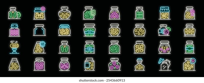 Preserving food in jars, glowing neon icons illustrating pickled vegetables and fruits