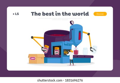 Preserving of Products on Plant Landing Page Template. Woman Character Control Preservation of Jam to Jars at Automated Manufacture Robotics Machine Make Berry Dessert. Cartoon Vector Illustration