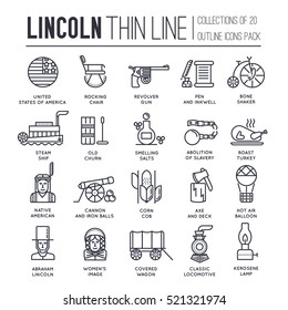 President Abraham Lincoln Day With Historical XIX (19) Century Elements Thin Line Icon Set. Vector People And Traditional Of USA Object Outline Cover Concept Design. National Culture Traditions