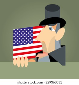 President Abraham Lincoln on the background of the USA flag, on a green background.