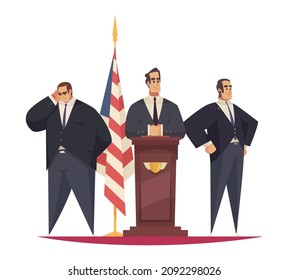 President composition with characters of body guards and president having speech from tribune vector illustration