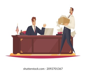 Composición del presidente con personajes del presidente trabajando en la mesa de oficina y ayudante portando papel ilustración vectorial