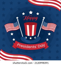 president day card with top hat and flags