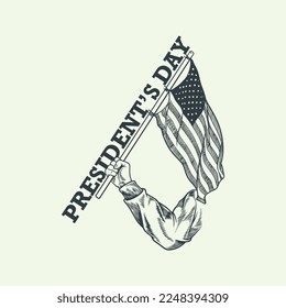 President day hand drawn vintage elements with hand hold american flag isolated on white background.