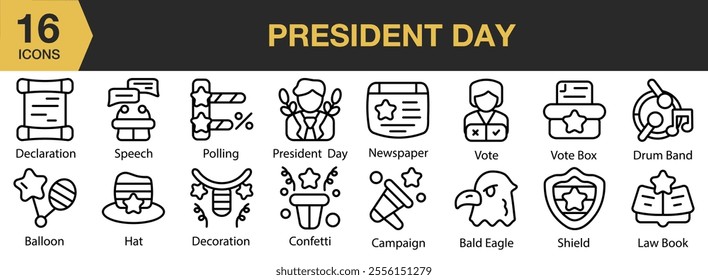 President Day icon set. Includes newspaper, vote, campaign, confetti, shield, and More. Outline icons vector collection.