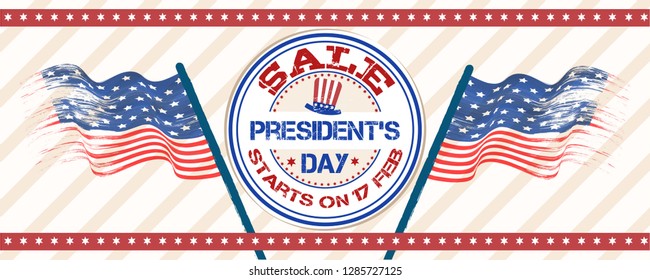 President Day sale header or banner design with rubber stamp and wavy USA flags illustration.