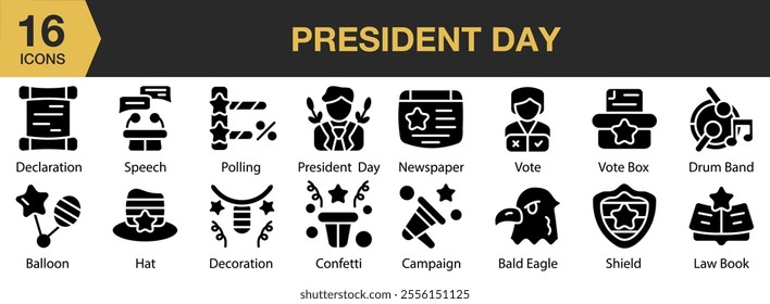 President Day solid icon set. Includes newspaper, vote, campaign, confetti, shield, and More. Solid icons vector collection.