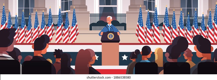 President Democrat Winner Of United States Presidential Election Man Giving Speech From Tribune USA Inauguration Day Concept Horizontal Portrait Vector Illustration