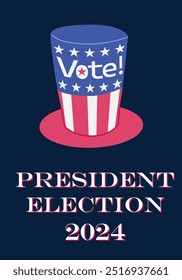 President Election Day 2024 Banner with American hat and text Vote. Presidential campaign concept. Template for background, banner, card, poster with text on dark background