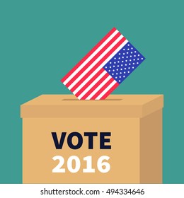President election day Vote 2016. Ballot Voting box with American flag paper blank bulletin concept. Polling station. Isolated Green background Flat design Card Vector illustration